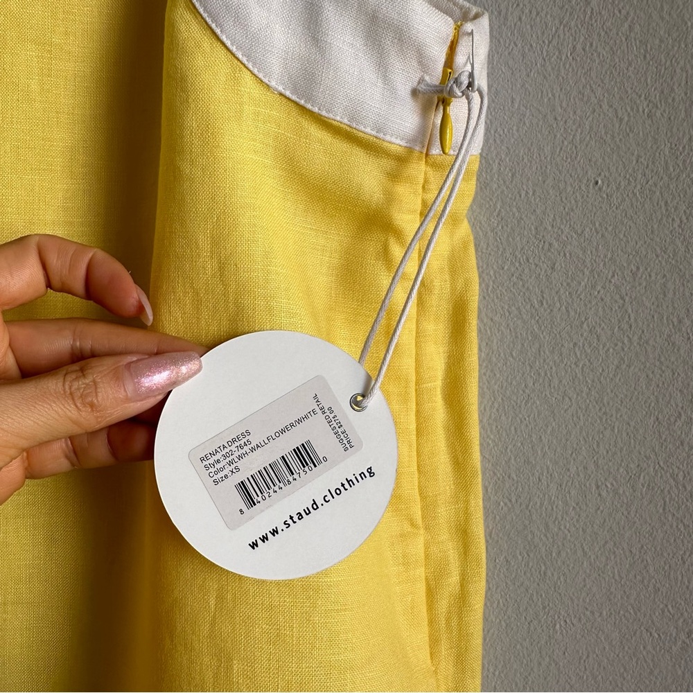 *SOLD* STAUD Renata Linen Mini Dress in Wallflower & White / Scalloped Hem - Picture 10 of 10